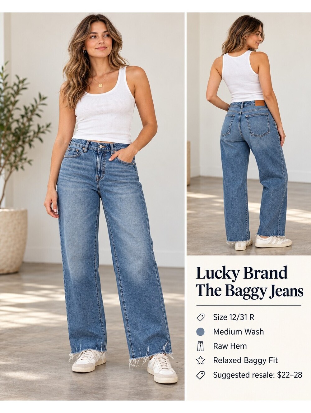 Lucky Brand The Baggy Women’s Jeans Size 12/31R Medium Wash Raw Hem Wide Leg